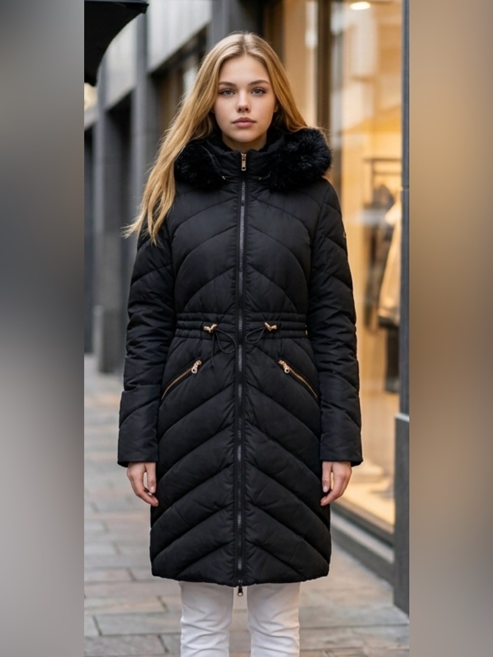 Ted Baker Black Quilted Long Puffer Coat with Faux Fur Hood